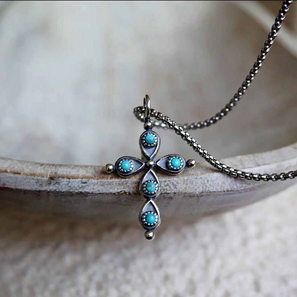 Sterling Silver Cross Necklace with Turquoise Stones
